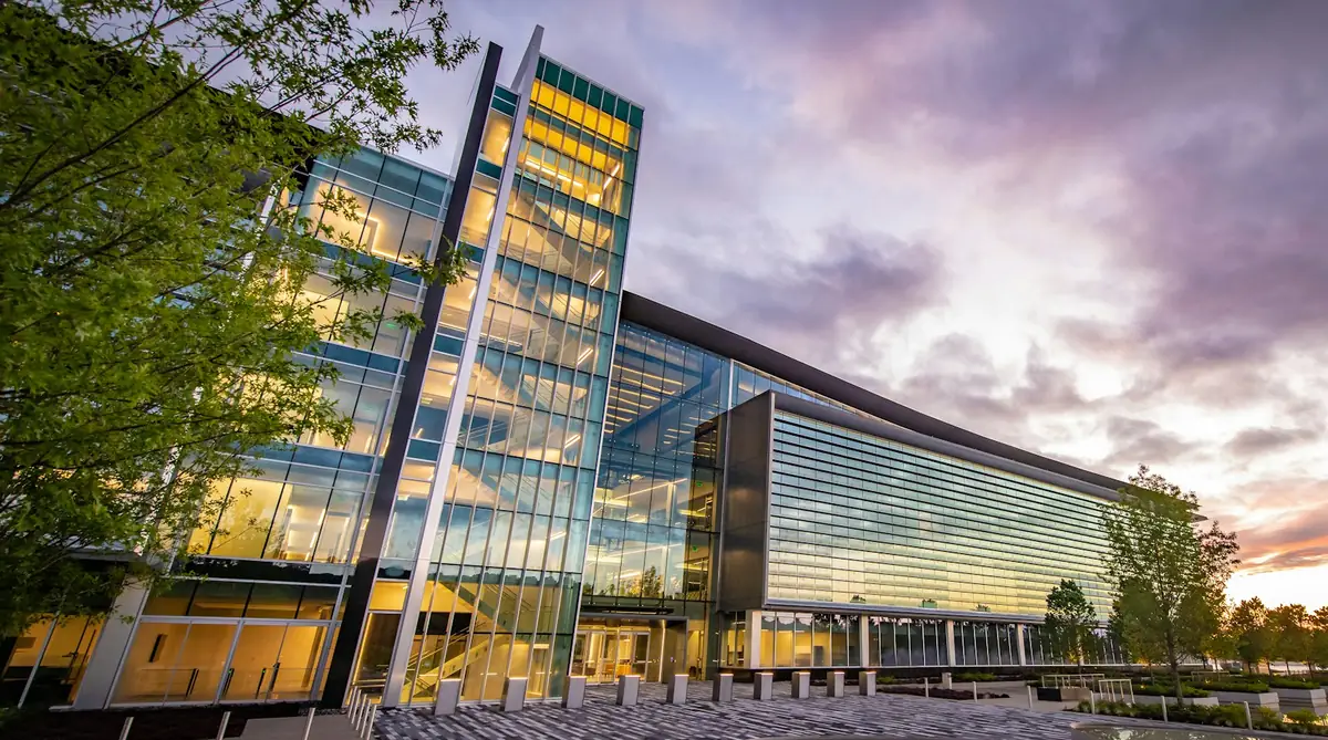 Modern glass office building of a bank