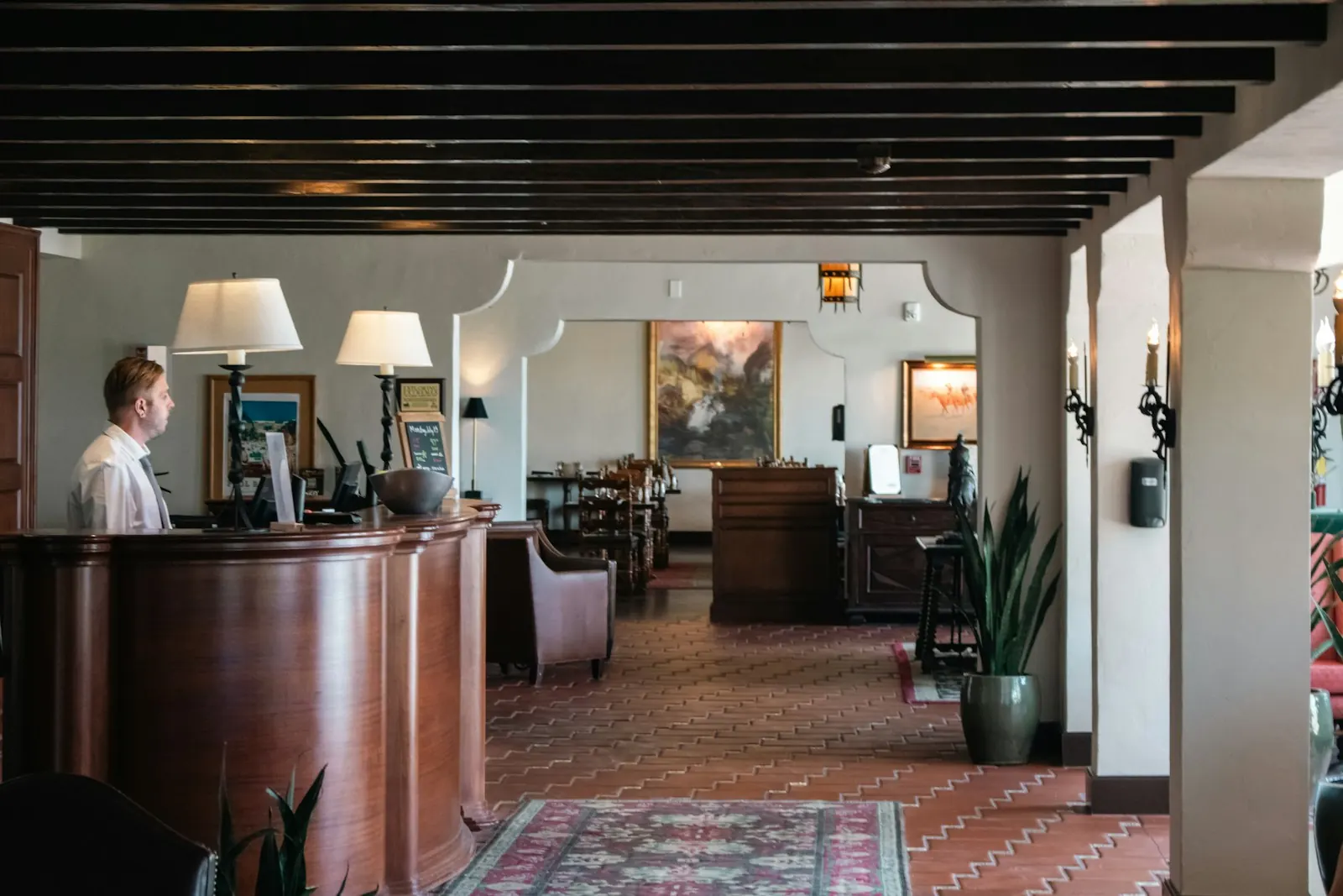 Hotel reception desk and lobby